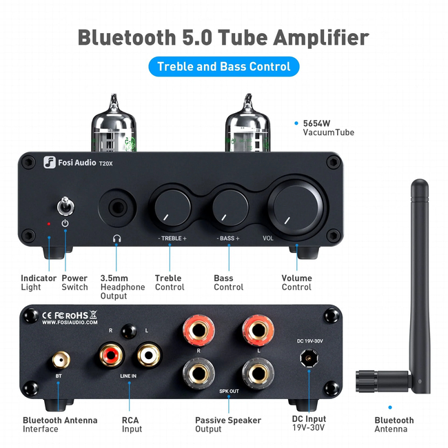 Fosi Audio T20X Hifi Music Tube Bluetooth 5.0. Ενισχυτής 2 καναλιών και ενισχυτής ακουστικών. (6976136960416)