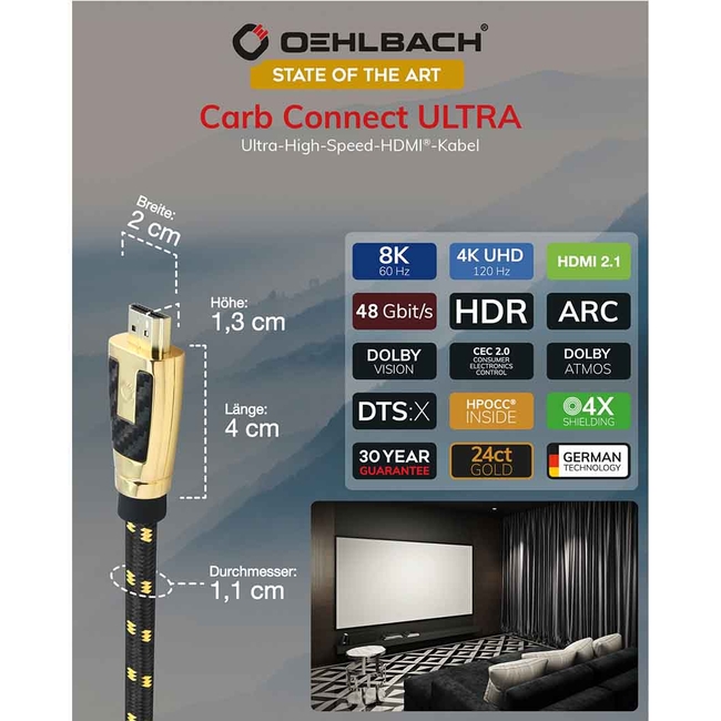 Oehlbach CARB CONNECT ULTRA Καλώδιο HDMI® High End 8K 0,75m Black/Gold (Τεμάχιο)