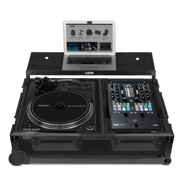 UDG U91100BL Ultimate Flight Case Single Turntable Battle/ PLX-CRSS12 & 10"/12" Mixer Black Plus (Laptop Shelf, Trolley & Wheels)